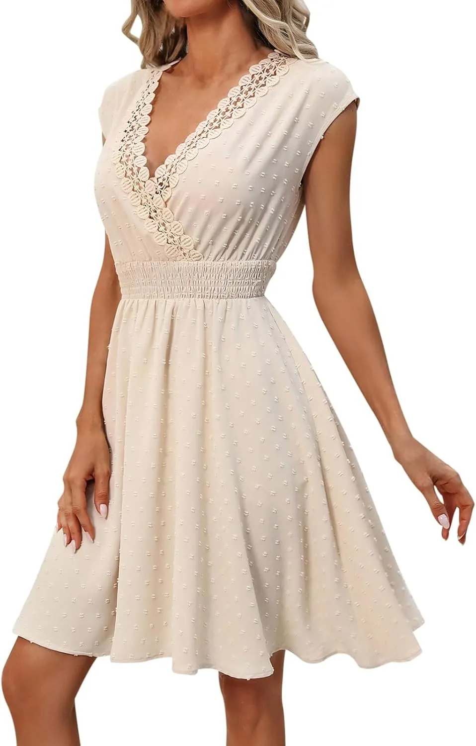 Plus Size Dress for Women Spring/Summer French Resort Style V Neck with Lace Trim Cutout A-Line Design Elegant and