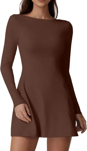 QINSEN Women's Open Back Tennis Dress Long Sleeve Built in Shorts Golf Athletic Dress with Pockets