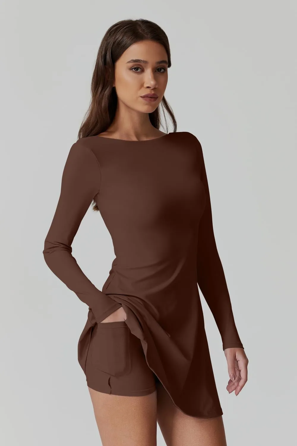 QINSEN Women's Open Back Tennis Dress Long Sleeve Built in Shorts Golf Athletic Dress with Pockets
