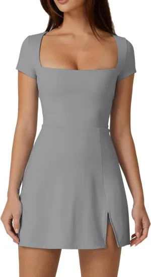 QINSEN Womens Square Neck Tennis Dress Short Sleeve Built in Shorts Golf Athletic Dress with Pockets