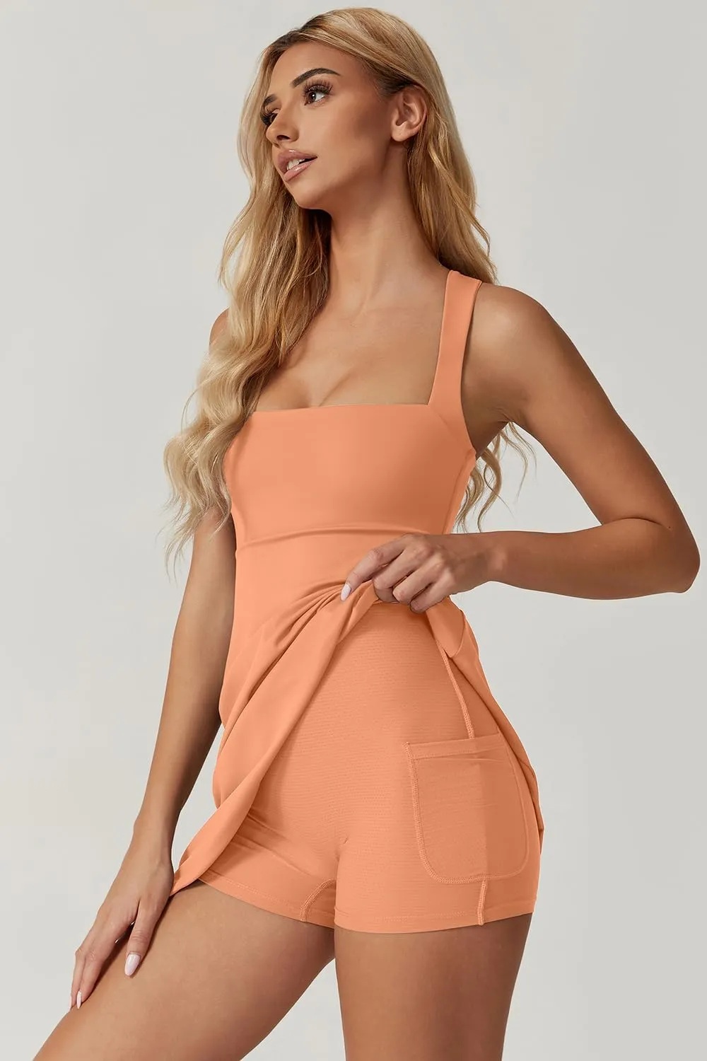 QINSEN Womens Square Neck Tennis Dress Sleeveless Built in Shorts Golf Athletic Dress with Pockets