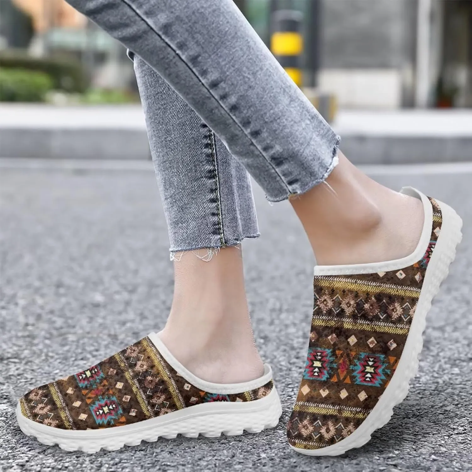 Retro Aztec Tribal Womens Walking Mules Sneakers Stylish Memory Foam Barefoot Slip On Teacher Nursing Loafers