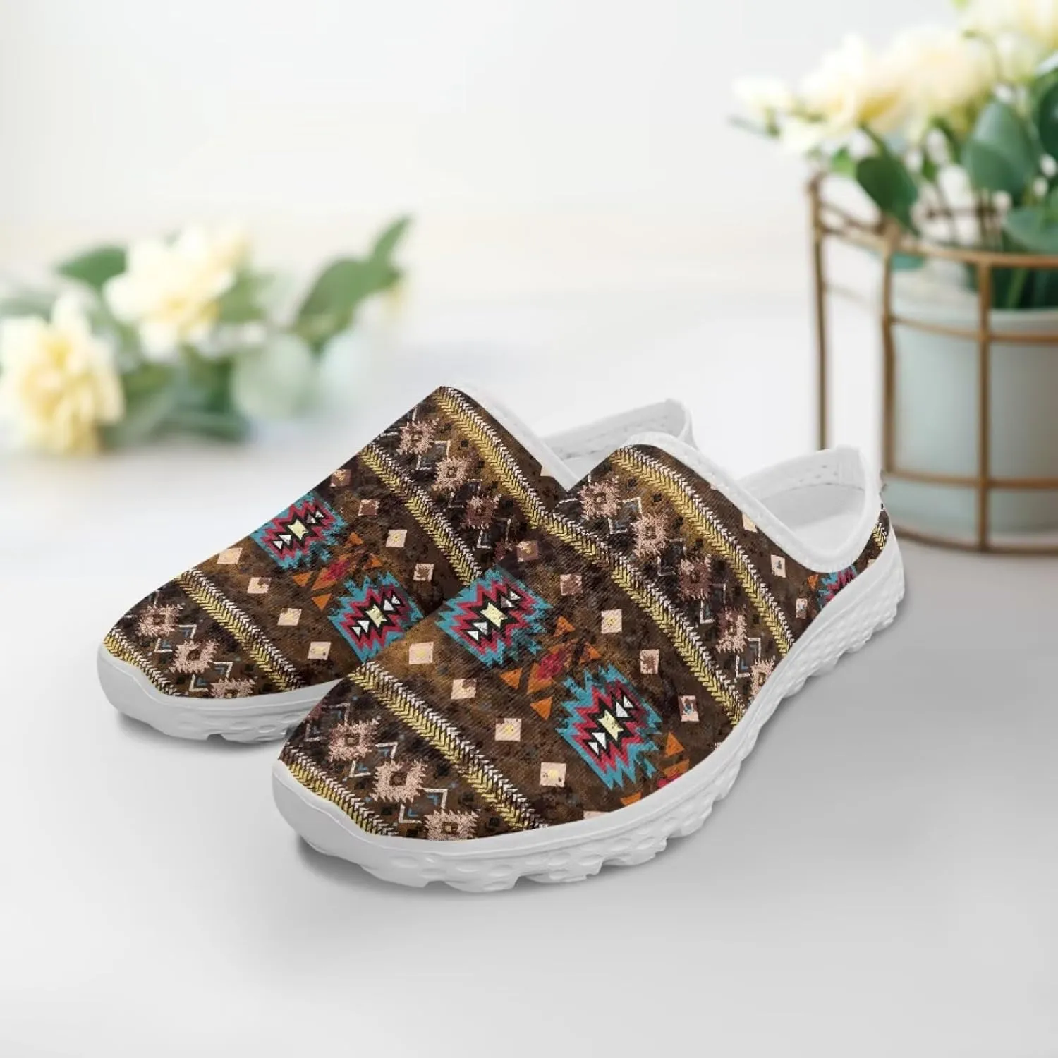 Retro Aztec Tribal Womens Walking Mules Sneakers Stylish Memory Foam Barefoot Slip On Teacher Nursing Loafers