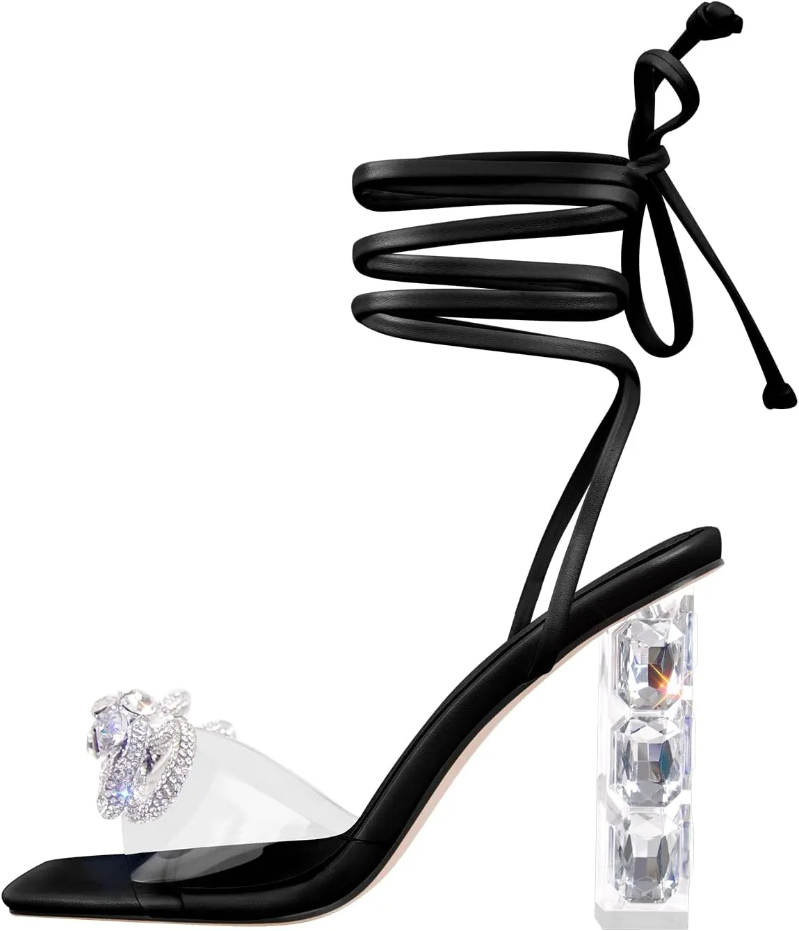 Richealnana Women's Clear Rhinestones Bowknot Sandals For Party Prom Dance Square Toe Chunky Heel
