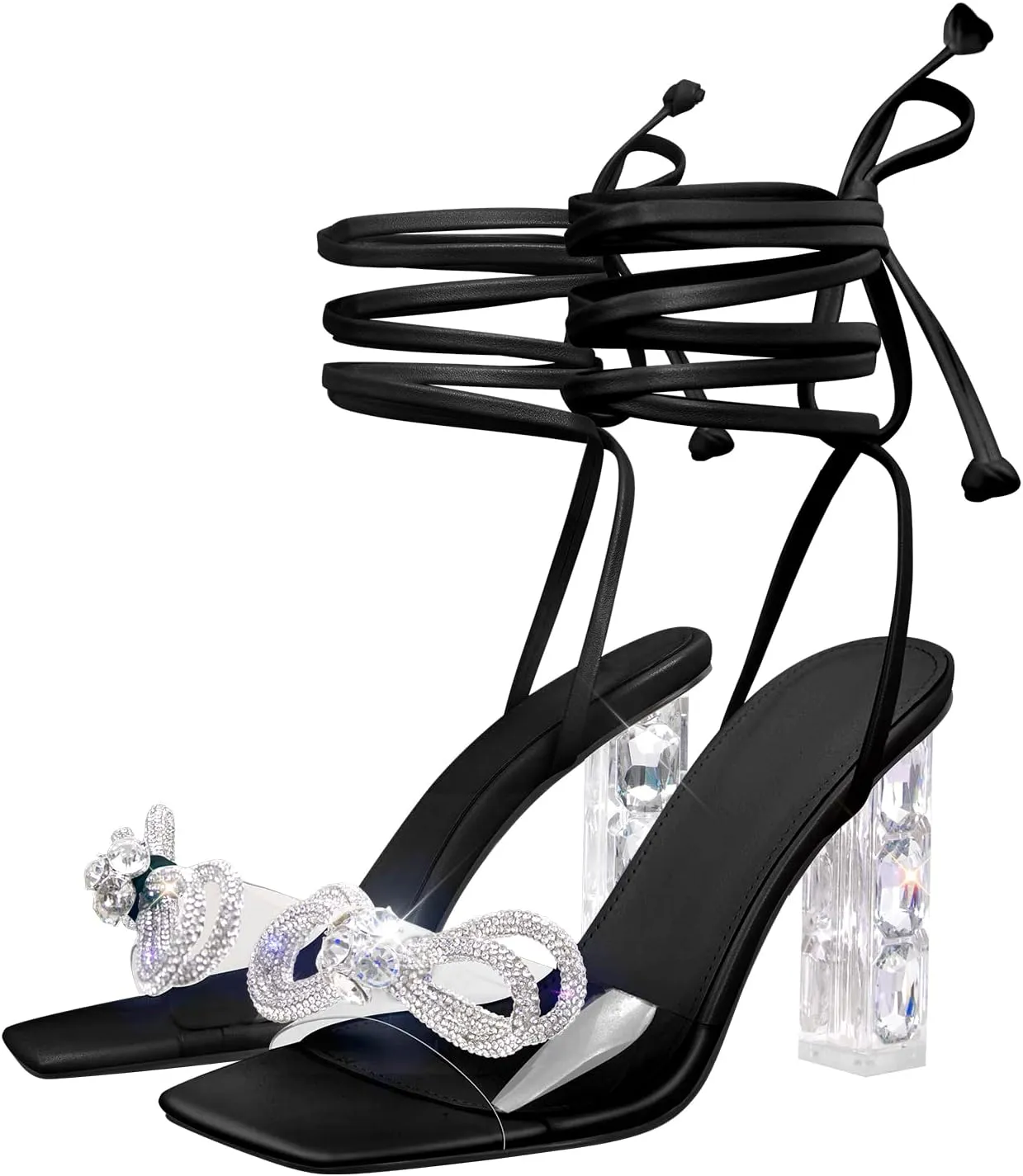 Richealnana Women's Clear Rhinestones Bowknot Sandals For Party Prom Dance Square Toe Chunky Heel