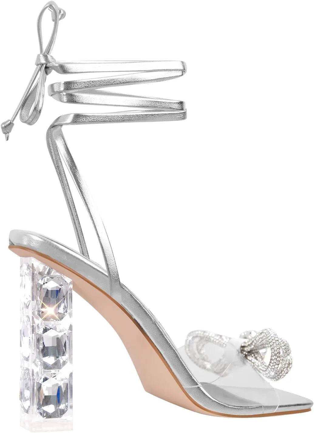 Richealnana Women's Clear Rhinestones Bowknot Sandals For Party Prom Dance Square Toe Chunky Heel
