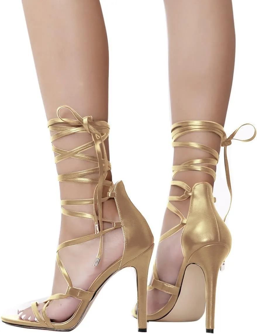 Richealnana Women's Lace Up Gladiator Crisscross Stiletto Heel Strappy Sandals