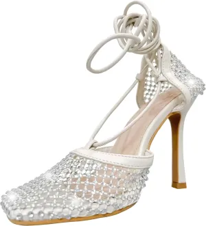 Richealnana Women's Rhinestones Net Square Toe Mesh Lace Up Strappy Sexy Sandals