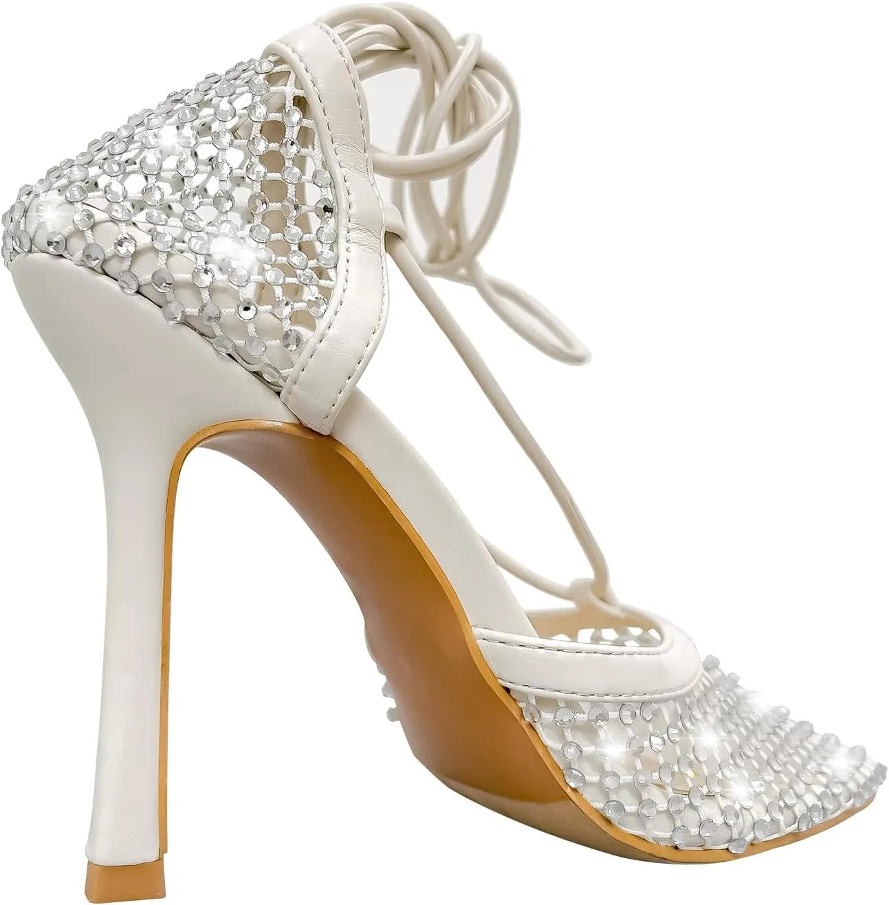 Richealnana Women's Rhinestones Net Square Toe Mesh Lace Up Strappy Sexy Sandals