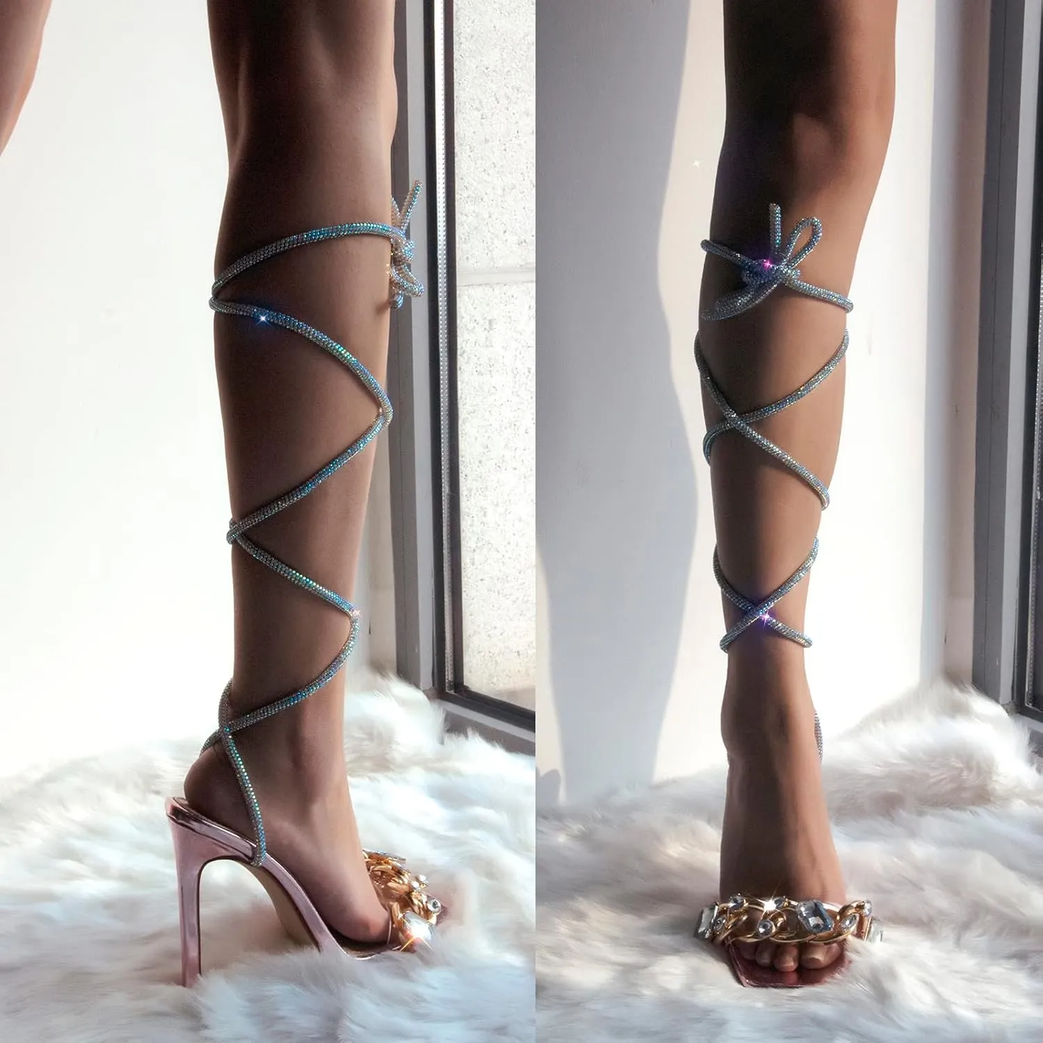richealnini Clear Heel for Women Crystal Sandals Lace Up Strappy Stiletto High Heels