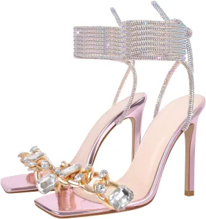 richealnini Clear Heel for Women Crystal Sandals Lace Up Strappy Stiletto High Heels