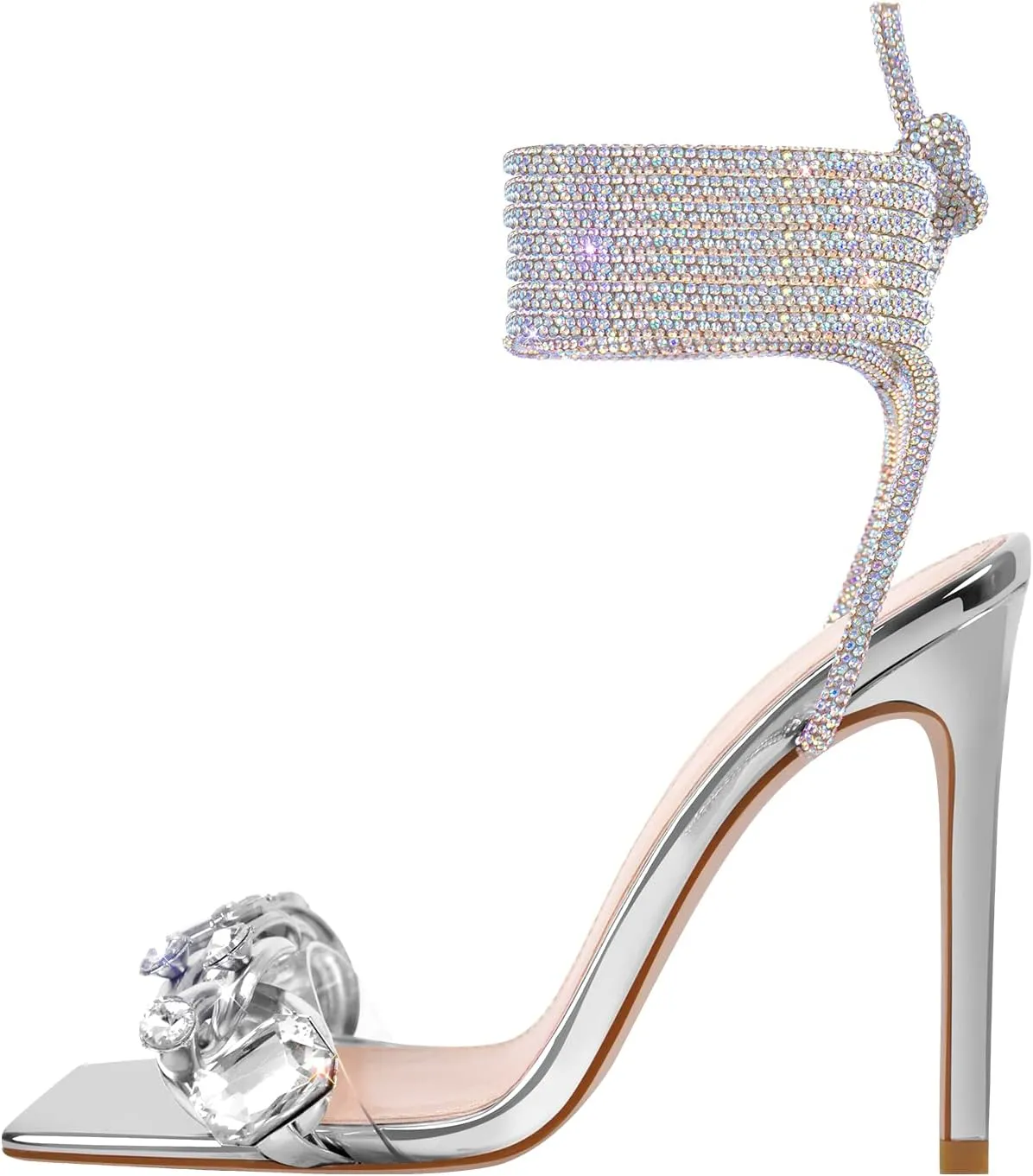 richealnini Rhinestones Lace Up Strappy Sandals with Stiletto Heels Square Toe Heels