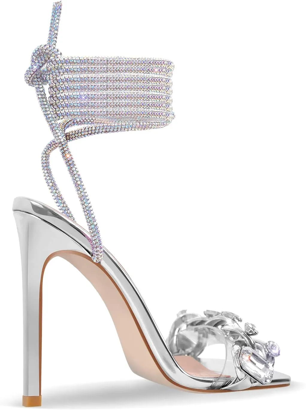 richealnini Rhinestones Lace Up Strappy Sandals with Stiletto Heels Square Toe Heels
