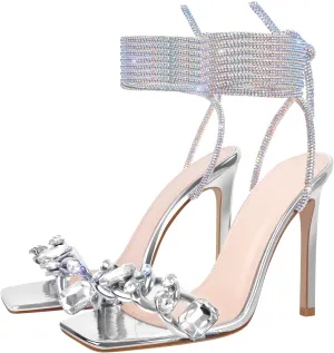 richealnini Rhinestones Lace Up Strappy Sandals with Stiletto Heels Square Toe Heels
