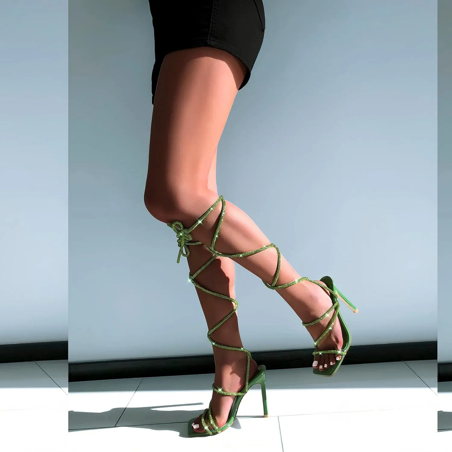 richealnini Women's Sparkly Clear Lace Up Ankle Strap High Heel Sandals