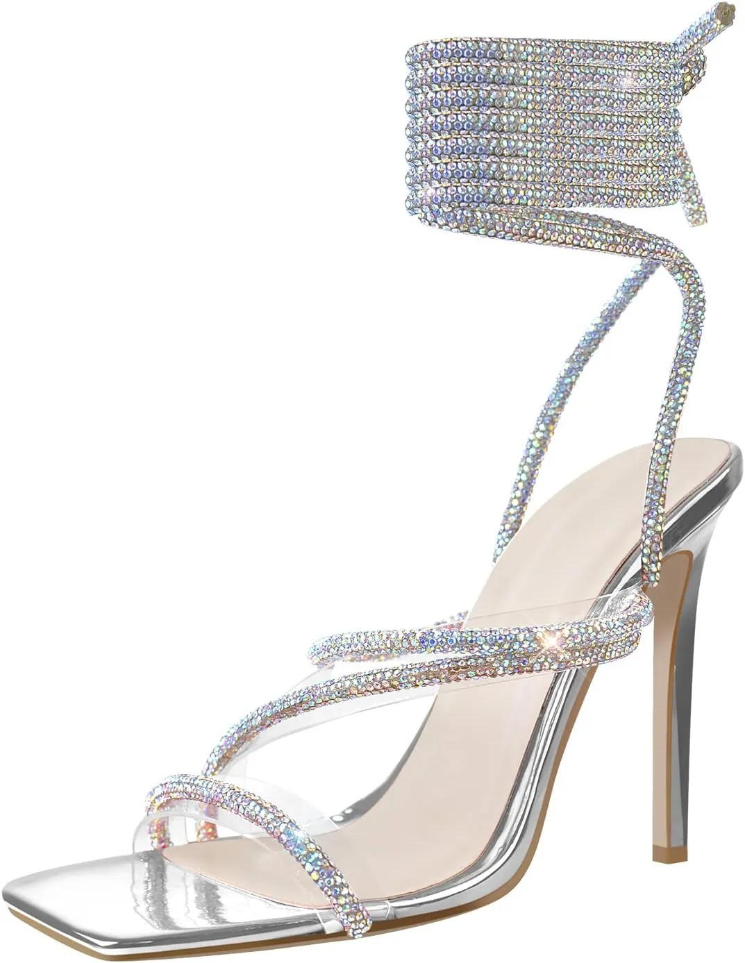 richealnini Women's Sparkly Clear Lace Up Ankle Strap High Heel Sandals