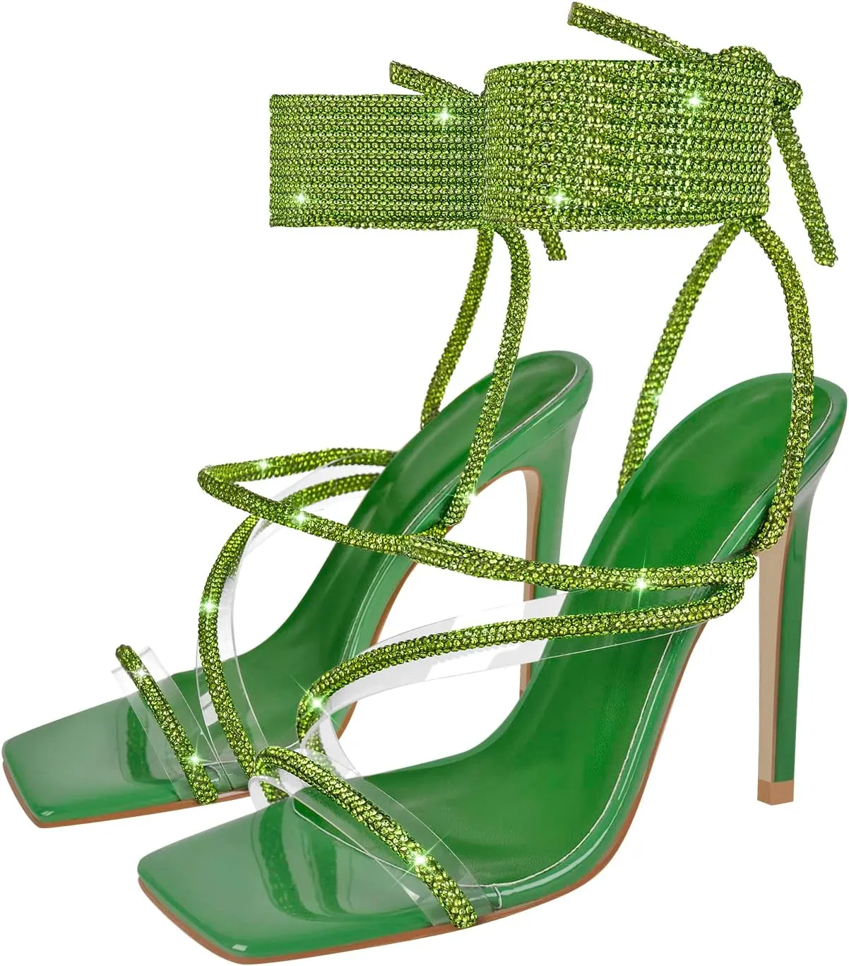 richealnini Women's Sparkly Clear Lace Up Ankle Strap High Heel Sandals