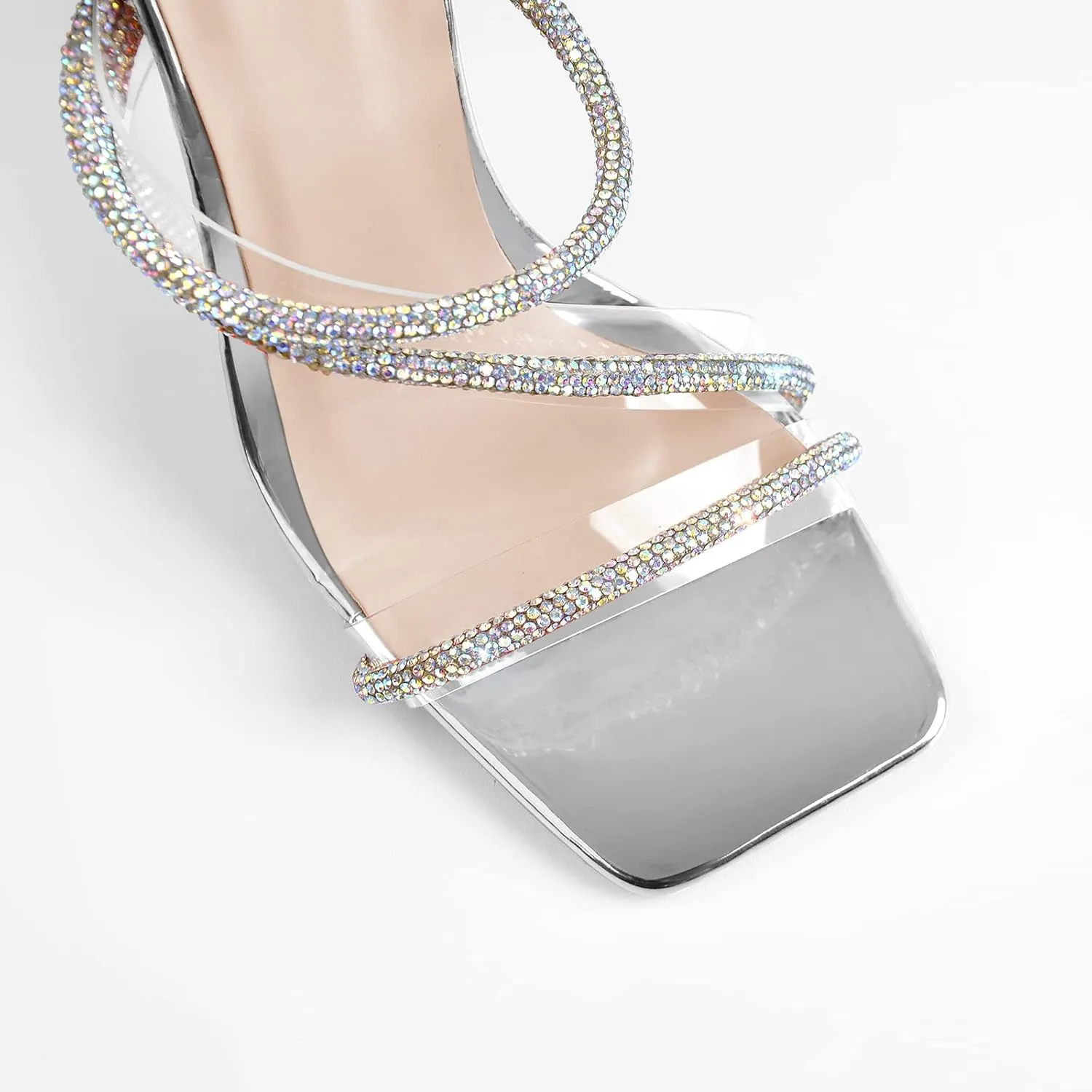 richealnini Women's Sparkly Clear Lace Up Ankle Strap High Heel Sandals