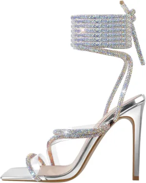 richealnini Women's Sparkly Clear Lace Up Ankle Strap High Heel Sandals