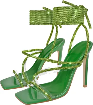 richealnini Women's Sparkly Clear Lace Up Ankle Strap High Heel Sandals