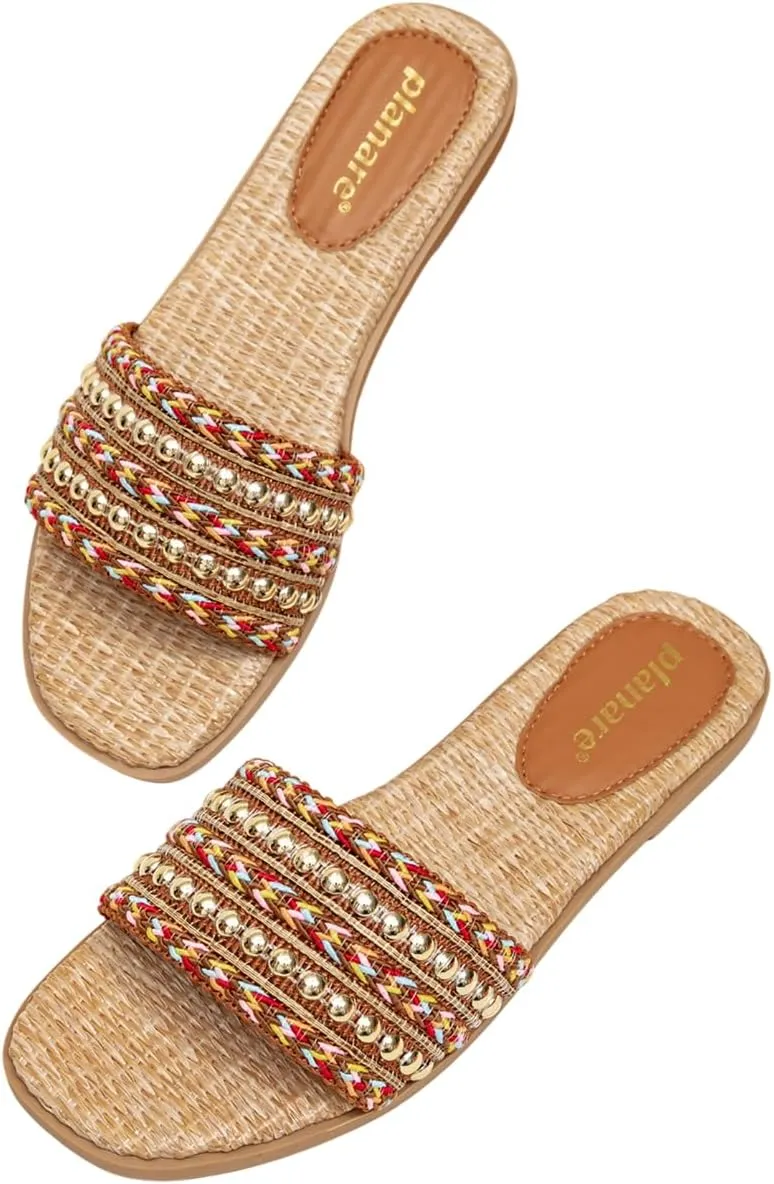 Romantic Woven Mules for Women – Pearl-Embroidered Lace Flower Straps with Gold Lettering, Comfortable Flat Sandals for Vacation, Shopping & Summer Outings