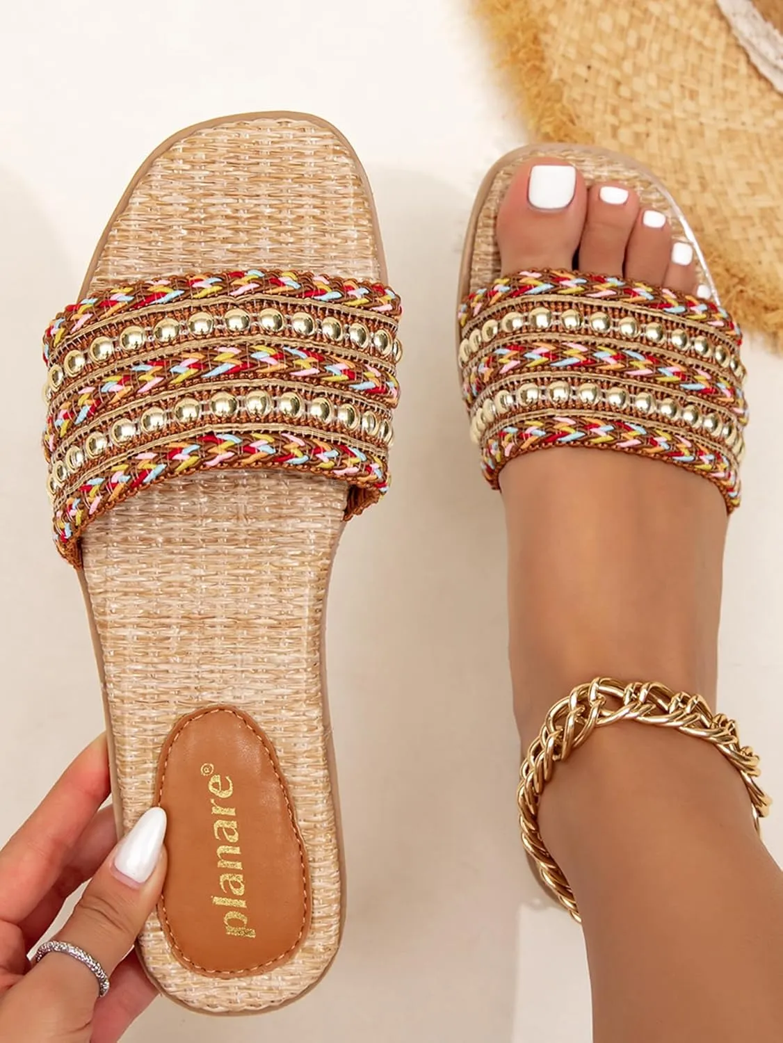 Romantic Woven Mules for Women – Pearl-Embroidered Lace Flower Straps with Gold Lettering, Comfortable Flat Sandals for Vacation, Shopping & Summer Outings
