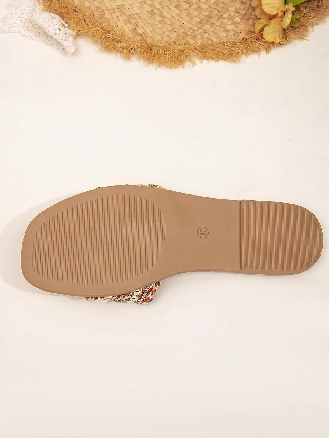 Romantic Woven Mules for Women – Pearl-Embroidered Lace Flower Straps with Gold Lettering, Comfortable Flat Sandals for Vacation, Shopping & Summer Outings