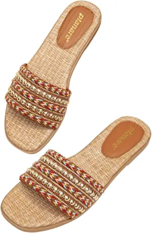 Romantic Woven Mules for Women – Pearl-Embroidered Lace Flower Straps with Gold Lettering, Comfortable Flat Sandals for Vacation, Shopping & Summer Outings