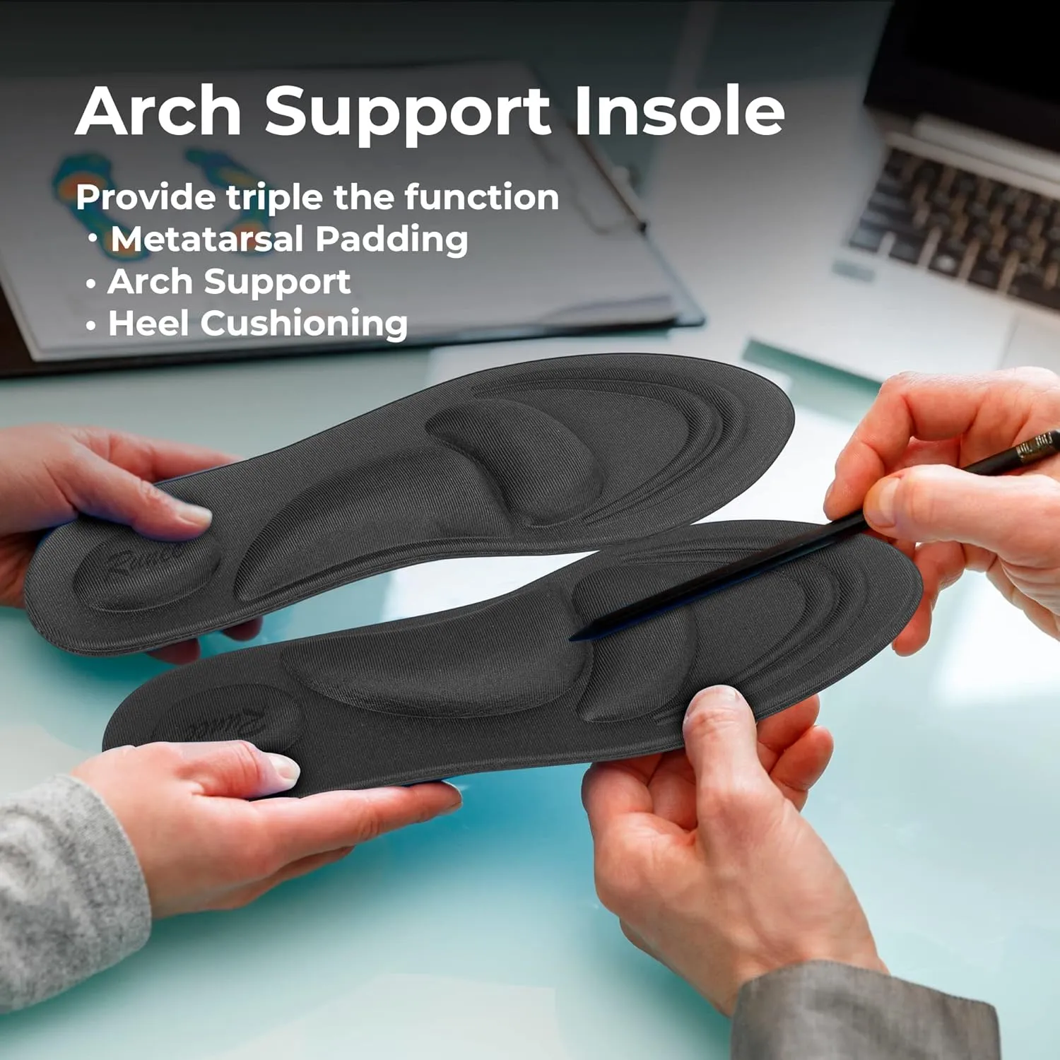 Runee Memory Foam Comfort Insole - Help Against Plantar Fasciitis and Foot Pain. Cushioning Metatarsal, Arch Support and Heel Support (Black, Large)
