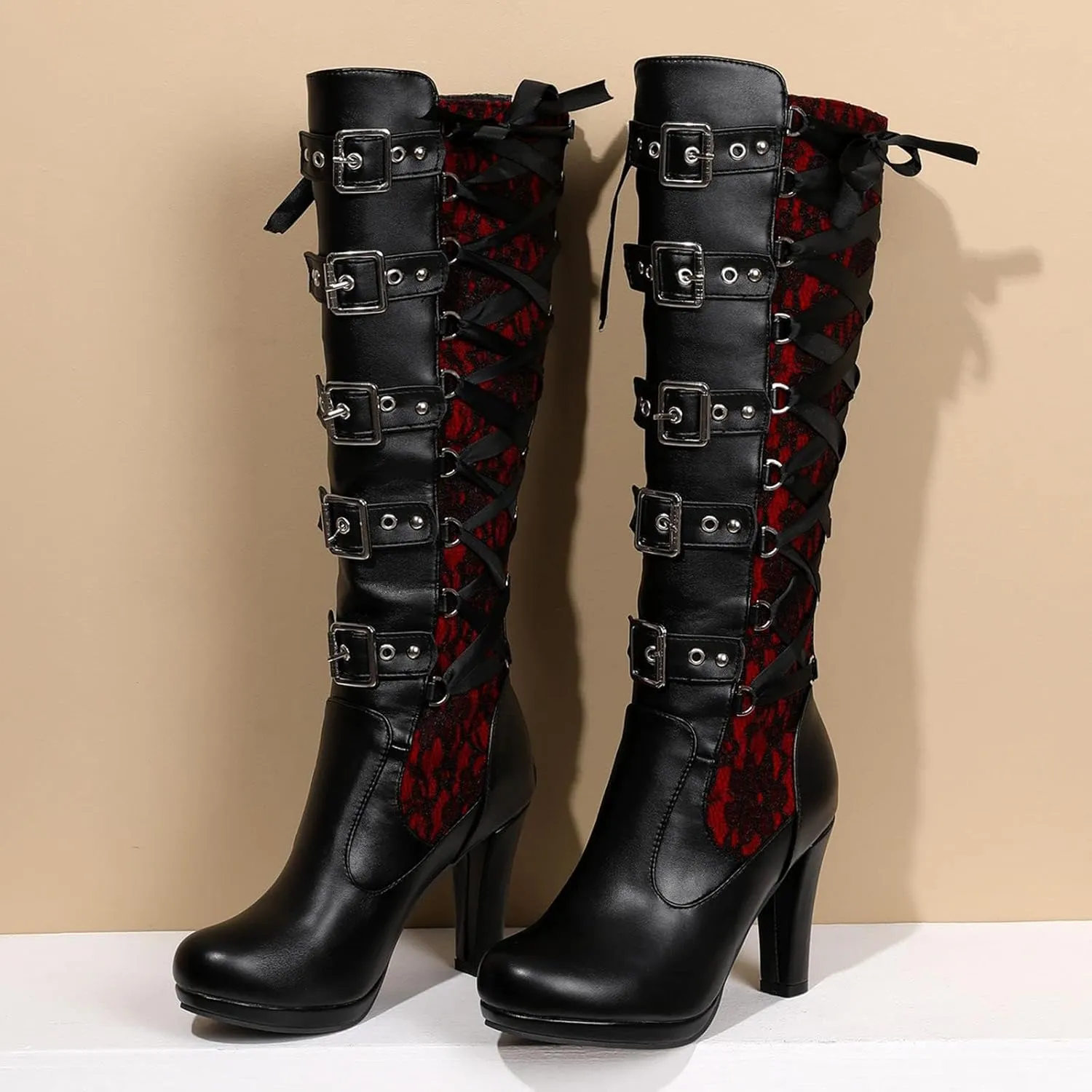 SACFOF Women Lace Goth Knee High Boots Vintage Buckle Block Heel Lace Up Knee Steampunk Boots Punk Platform Gothic Boots