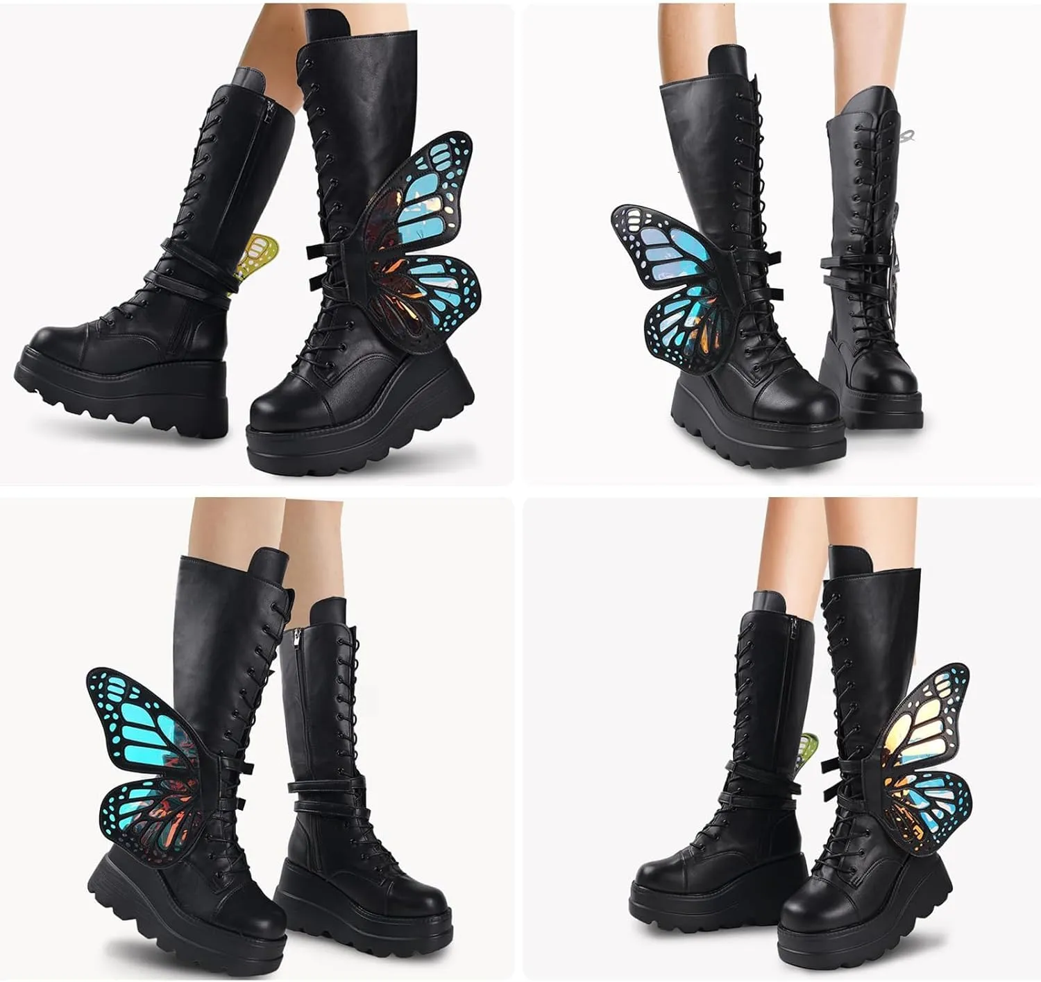 SACFOF Women Platform Punk Goth Mid Calf Boots Chunky High Heel Side Zip Butterfly Wings Knee High Motorcycle Combat Booties