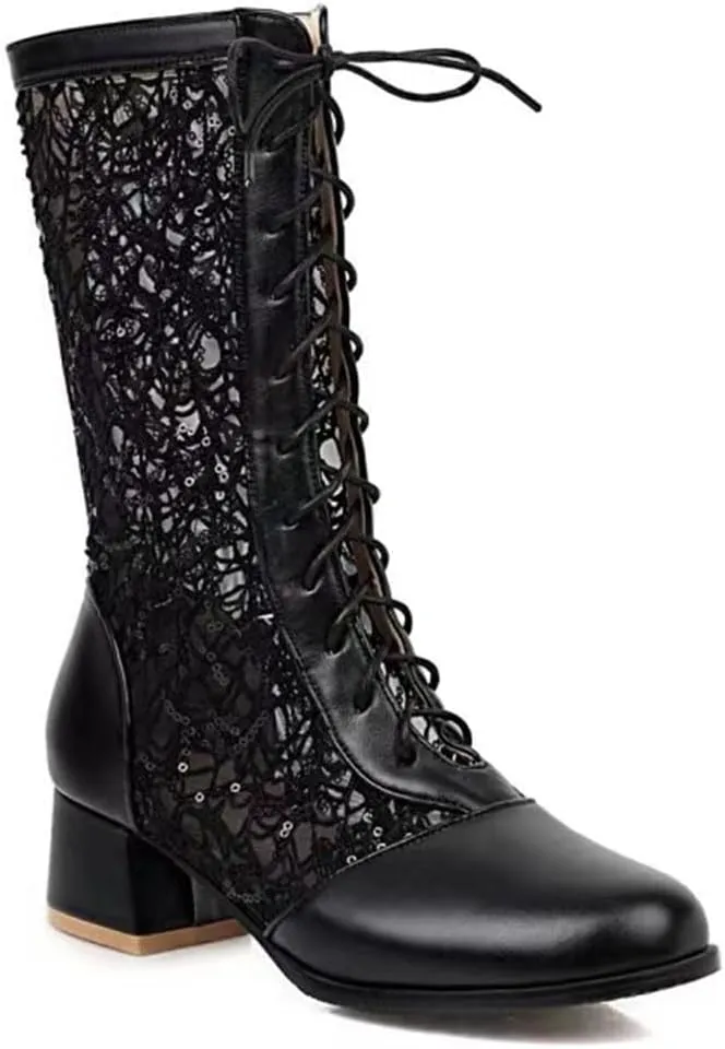 SACFOF Women Vintage Victorian Boots Lace Goth Lace Up Wedding Boots Mid Calf Costume Renaissance Mid Heel Dress Boots