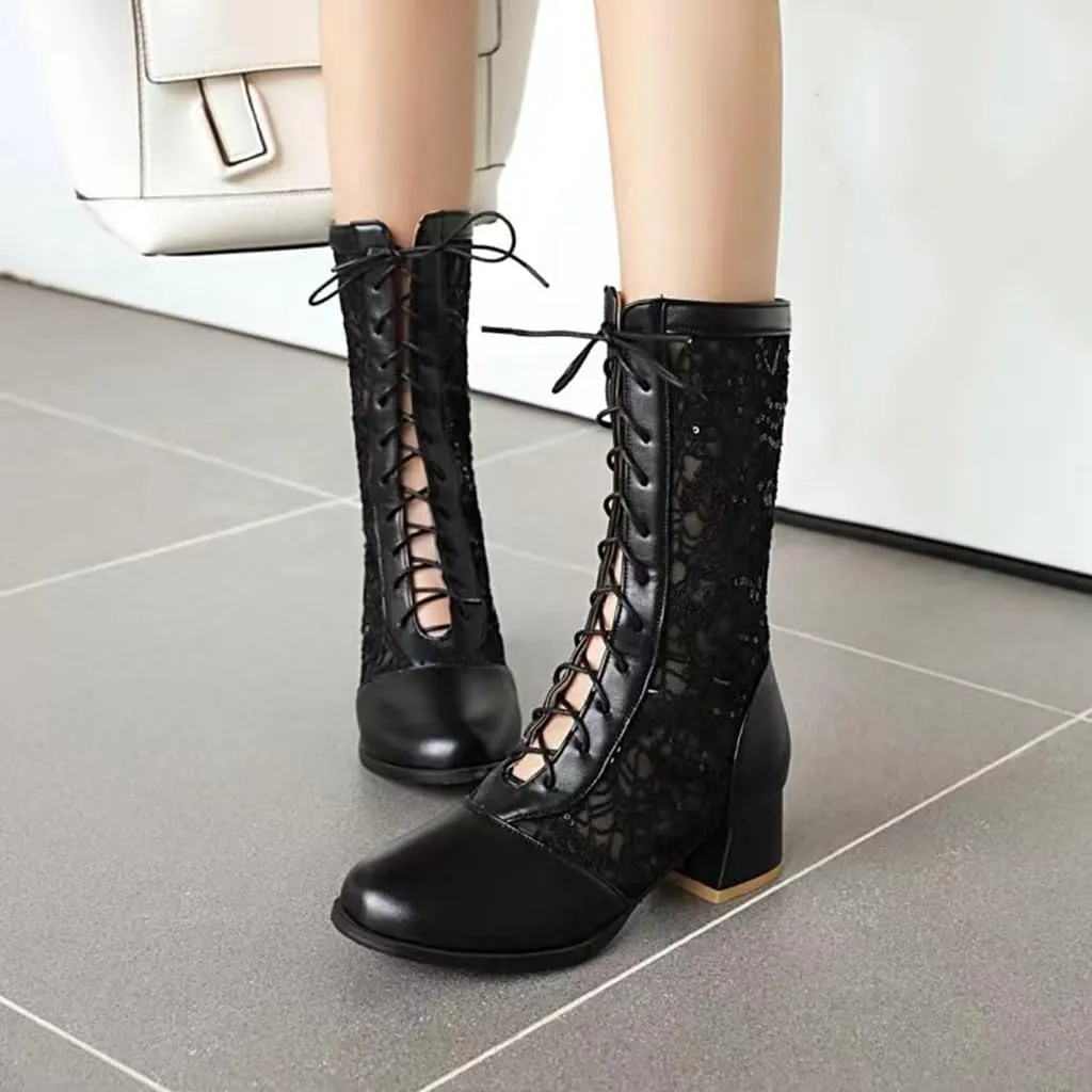 SACFOF Women Vintage Victorian Boots Lace Goth Lace Up Wedding Boots Mid Calf Costume Renaissance Mid Heel Dress Boots