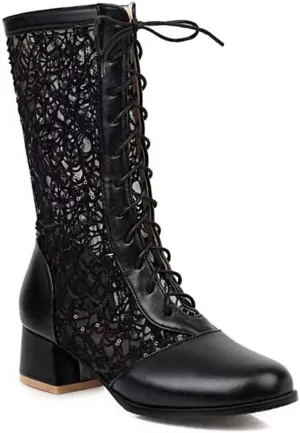 SACFOF Women Vintage Victorian Boots Lace Goth Lace Up Wedding Boots Mid Calf Costume Renaissance Mid Heel Dress Boots