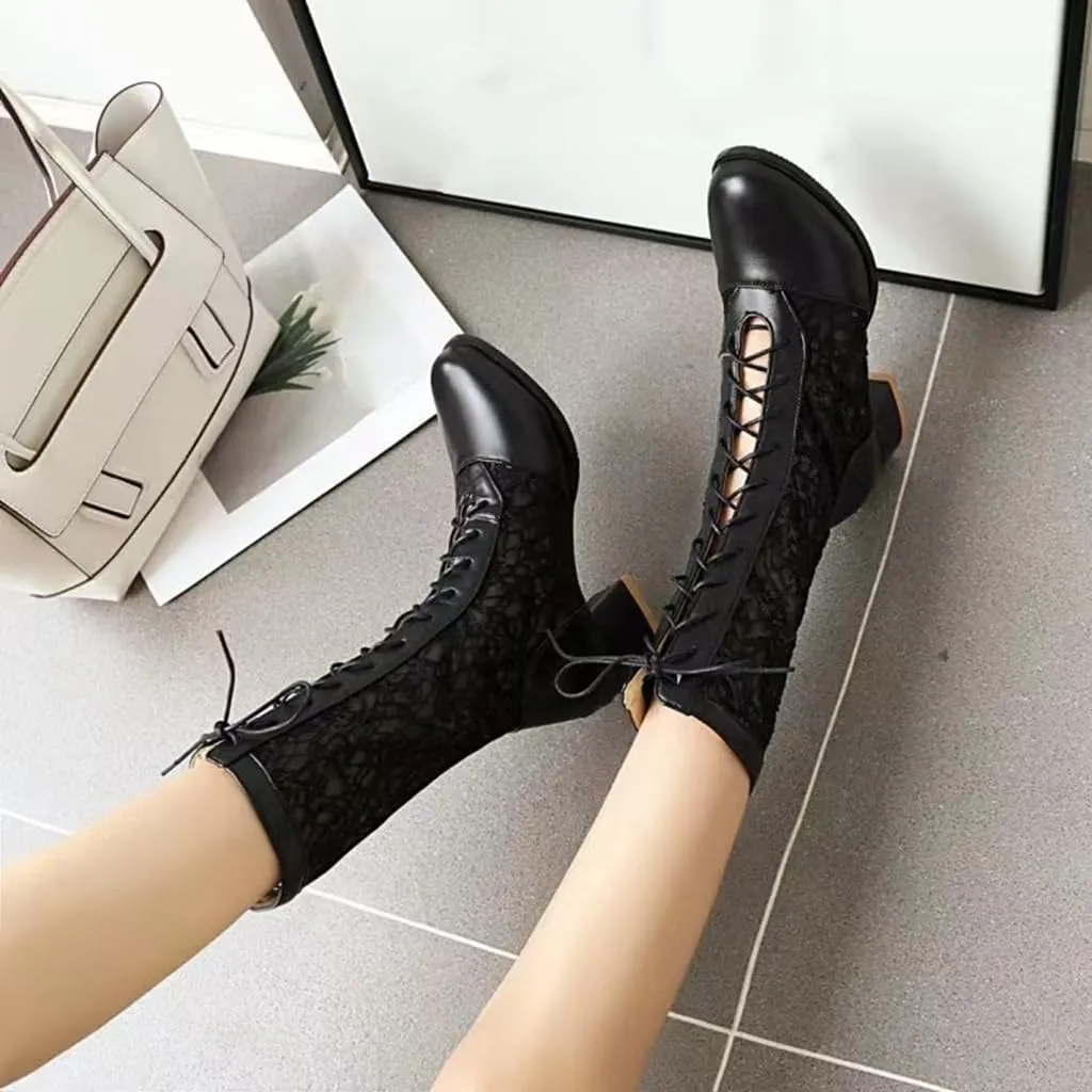 SACFOF Women Vintage Victorian Boots Lace Goth Lace Up Wedding Boots Mid Calf Costume Renaissance Mid Heel Dress Boots