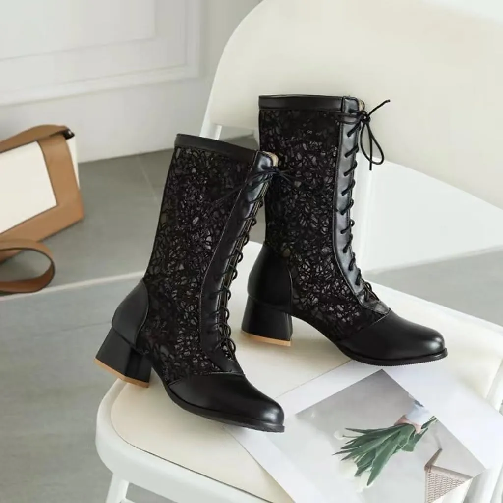 SACFOF Women Vintage Victorian Boots Lace Goth Lace Up Wedding Boots Mid Calf Costume Renaissance Mid Heel Dress Boots