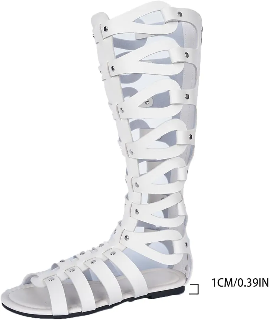 SACFOF Womens Knee High Sandals Summer Gladiator Cut Out Roman Boots Open Toe Flat Sandals with Zipper