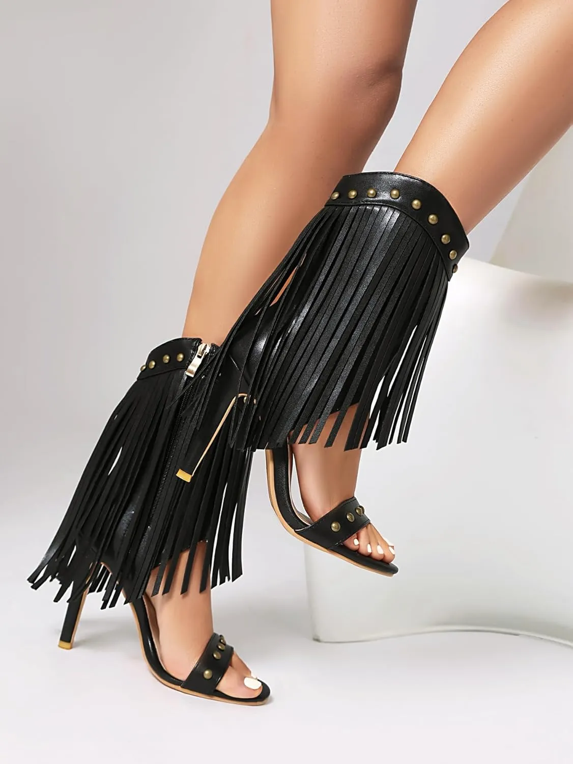 SACFOF Womens Open Toe Fringe Stiletto High Heels Sandals Studded High Heeled Dress Wedding Gladiator Sandals