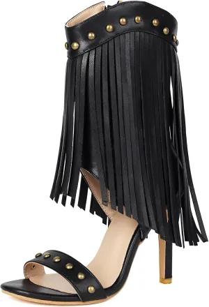 SACFOF Womens Open Toe Fringe Stiletto High Heels Sandals Studded High Heeled Dress Wedding Gladiator Sandals
