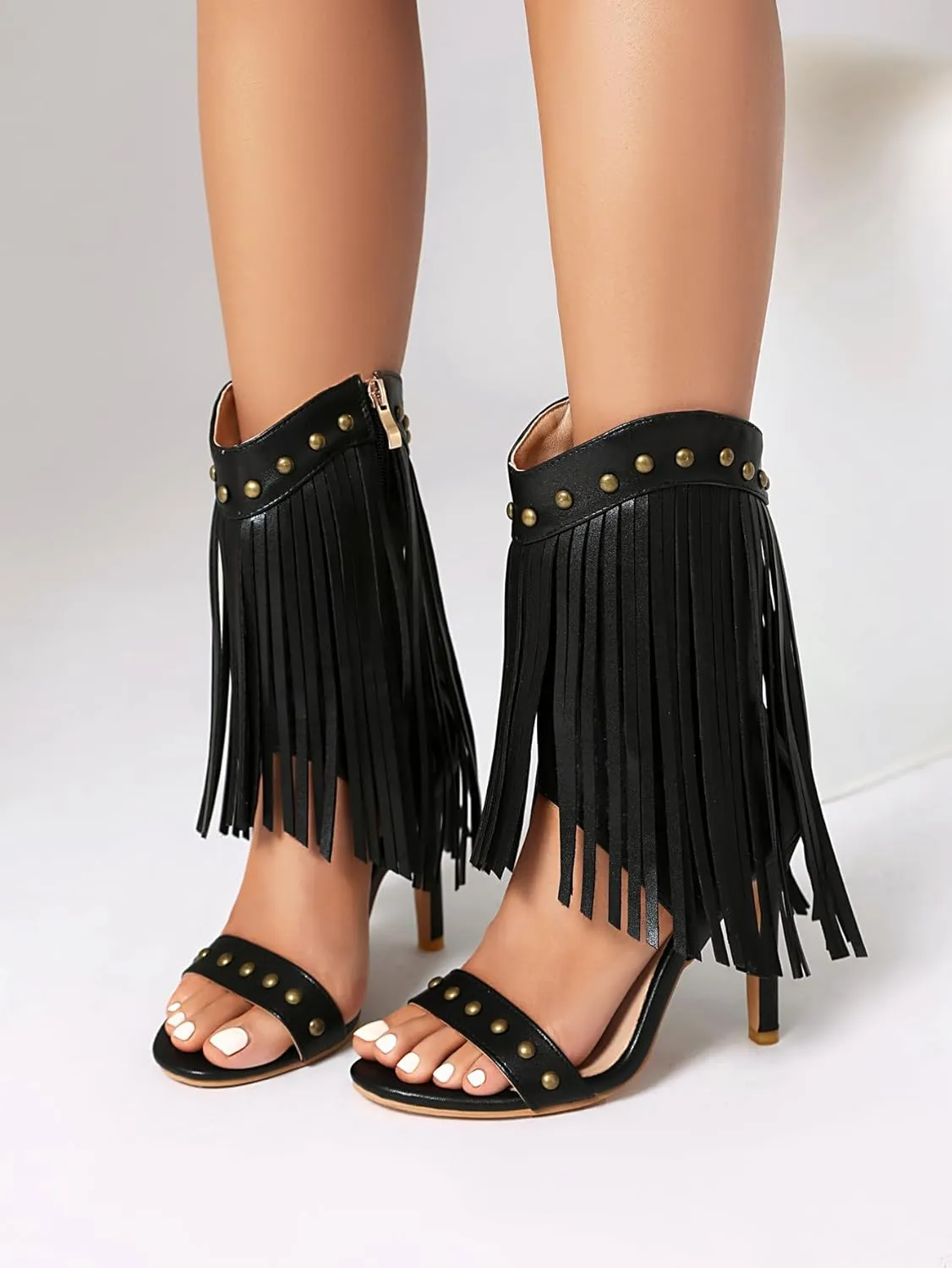SACFOF Womens Open Toe Fringe Stiletto High Heels Sandals Studded High Heeled Dress Wedding Gladiator Sandals