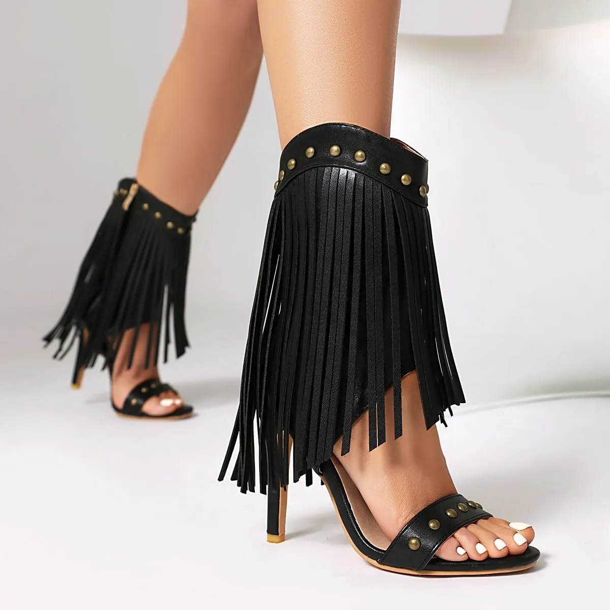 SACFOF Womens Open Toe Fringe Stiletto High Heels Sandals Studded High Heeled Dress Wedding Gladiator Sandals
