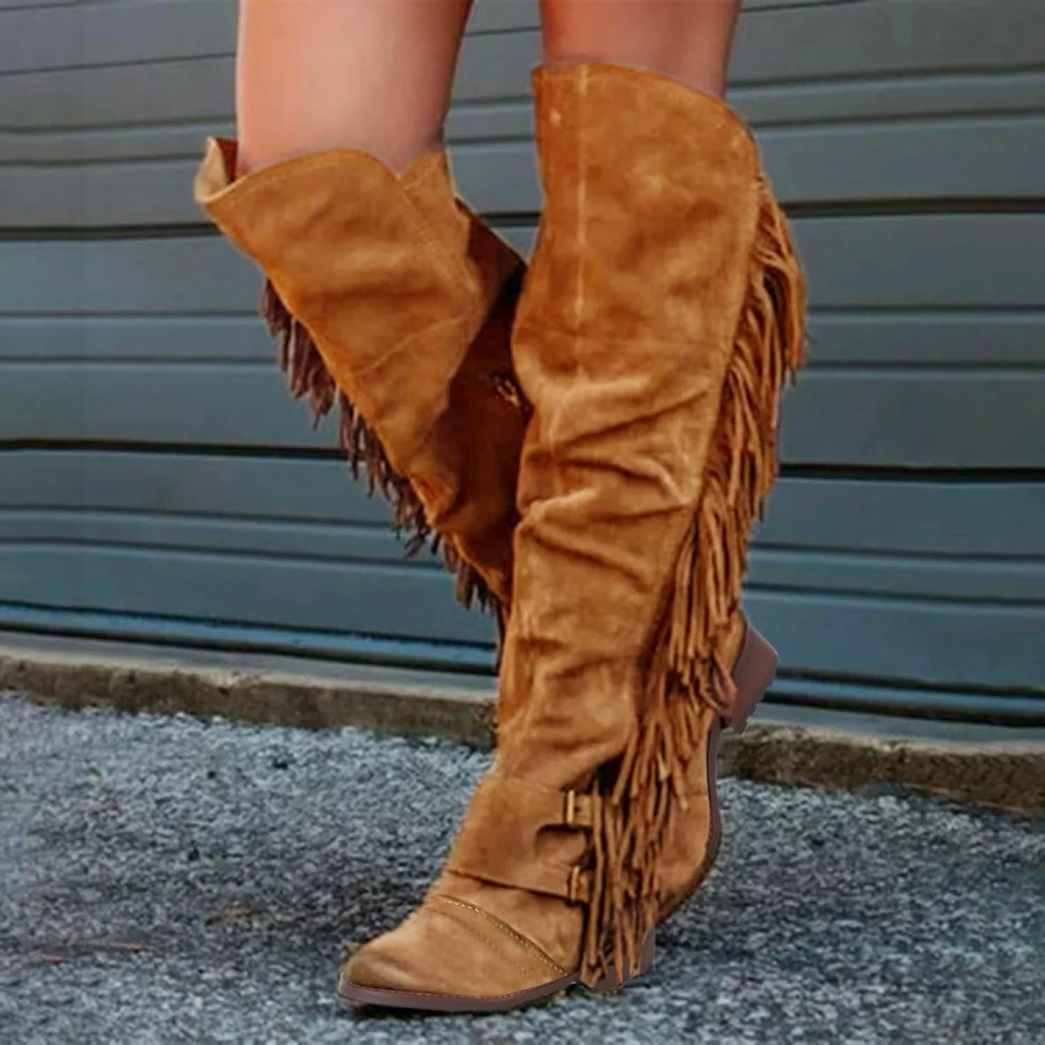 SACFOF Women's Over The Knee Boots Long Boots Square Heels Shoes Retro Tassel Moccasin Low Heel Zipper Knee High Boots