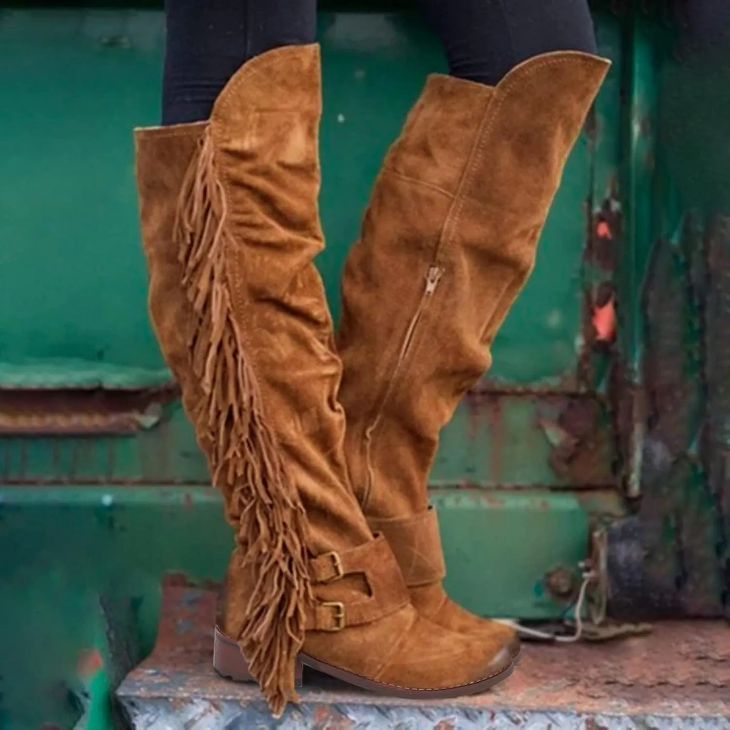 SACFOF Women's Over The Knee Boots Long Boots Square Heels Shoes Retro Tassel Moccasin Low Heel Zipper Knee High Boots