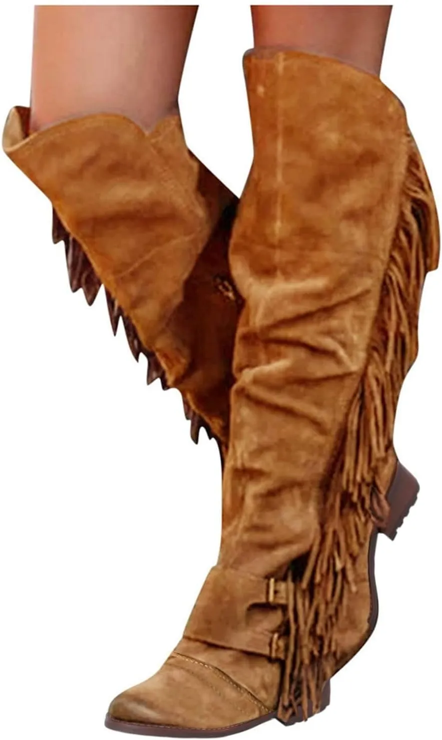 SACFOF Women's Over The Knee Boots Long Boots Square Heels Shoes Retro Tassel Moccasin Low Heel Zipper Knee High Boots