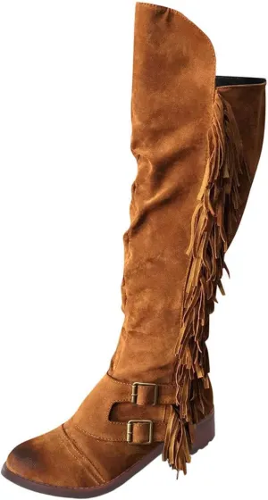 SACFOF Women's Over The Knee Boots Long Boots Square Heels Shoes Retro Tassel Moccasin Low Heel Zipper Knee High Boots