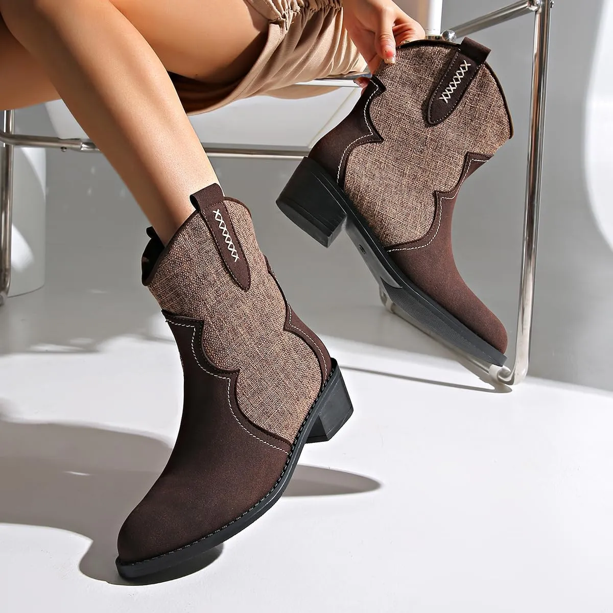 SACFOF Womens Western Boots Pointed Toe Chunky Low Heel Comfy Cowboy Ankle Boots Casual Outdoor Booties