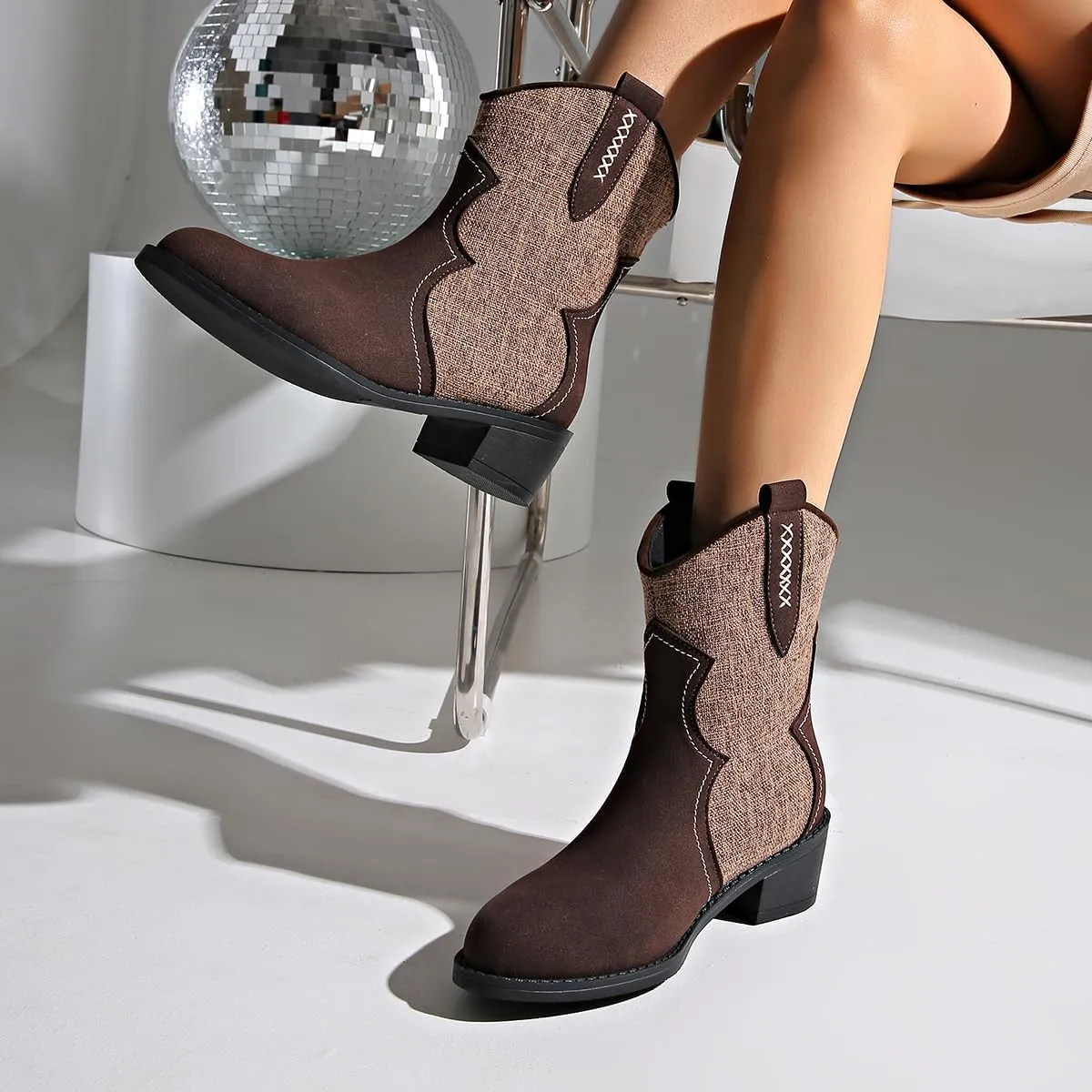 SACFOF Womens Western Boots Pointed Toe Chunky Low Heel Comfy Cowboy Ankle Boots Casual Outdoor Booties