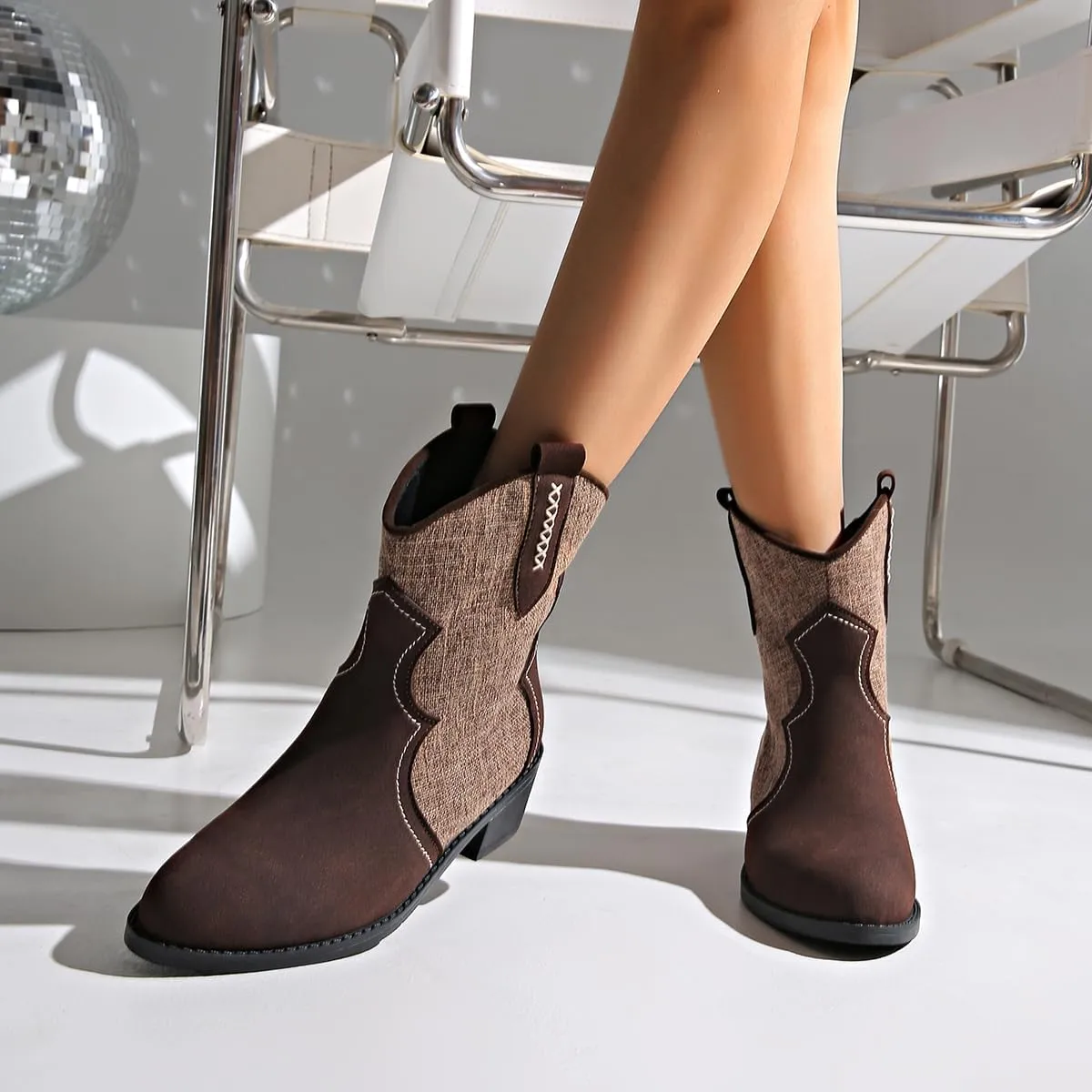 SACFOF Womens Western Boots Pointed Toe Chunky Low Heel Comfy Cowboy Ankle Boots Casual Outdoor Booties