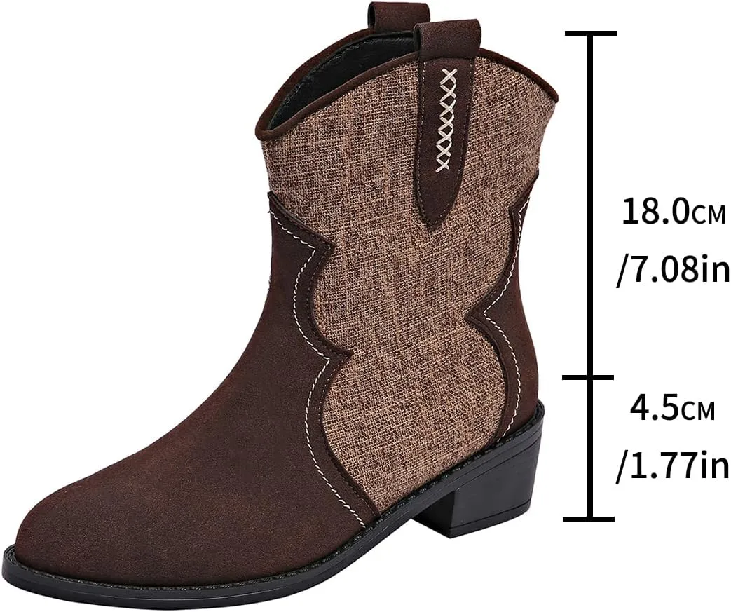 SACFOF Womens Western Boots Pointed Toe Chunky Low Heel Comfy Cowboy Ankle Boots Casual Outdoor Booties