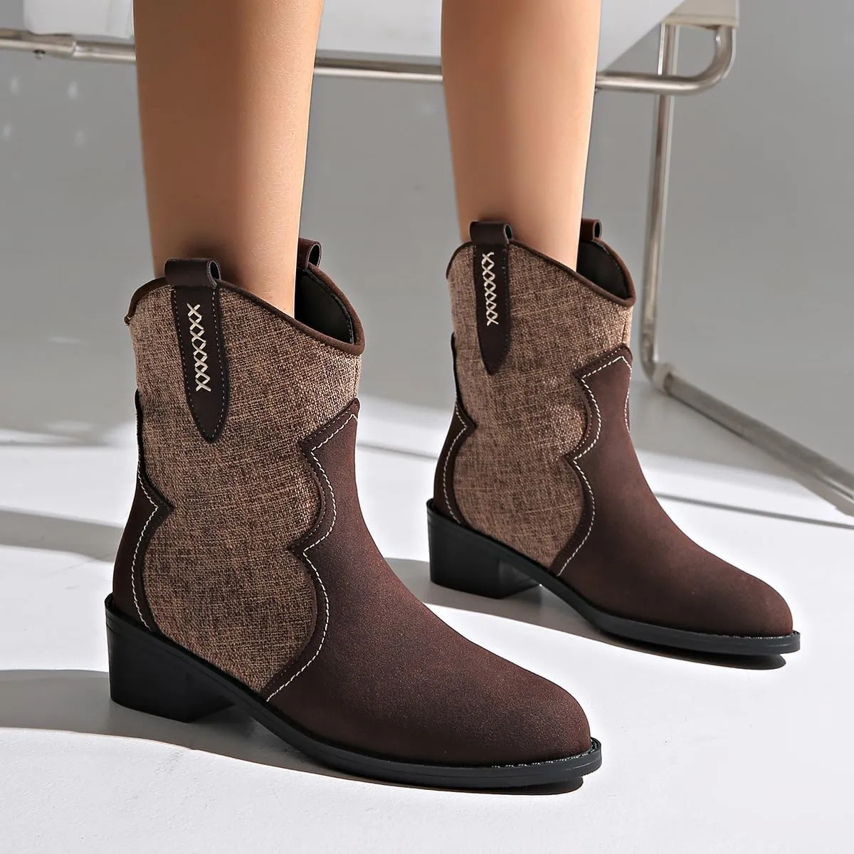 SACFOF Womens Western Boots Pointed Toe Chunky Low Heel Comfy Cowboy Ankle Boots Casual Outdoor Booties